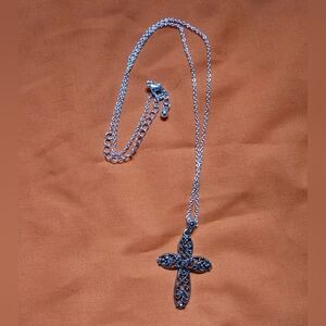 Silver Cross Pendant Necklace With Black Crystals